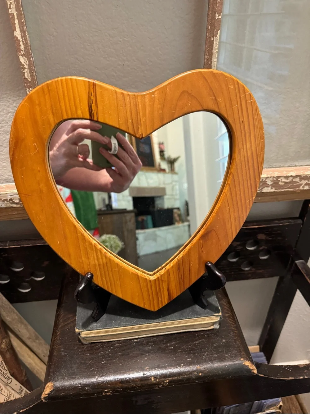 Vintage Heart-Shaped Wooden Framed Mirror in Honey Brown